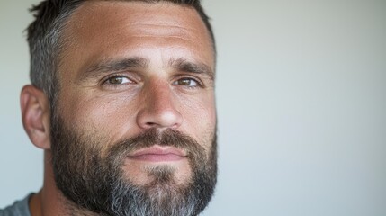 Obraz premium Confident man portrait, neutral background, serious expression, profile headshot, ideal for business