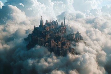 City of clouds with towering skyscrapers and serene blue sky at sunset