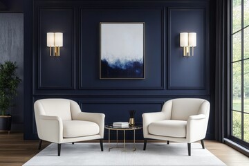 Elegant sitting room featuring armchairs abstract art and soft lighting