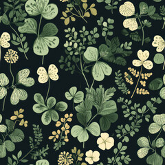 Clover & Herbs Scatter, Patterned. Organic foliage, flora, seamless repeat on dark surface