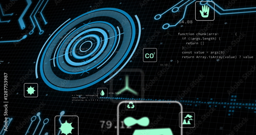 Poster image of circuit board and data processing over dark background