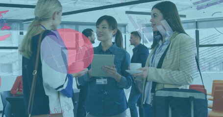 Image of financial data processing over diverse business people in office