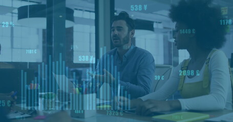 Image of financial data processing over diverse business people in office