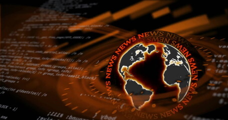 Image of news text and data processing over globe