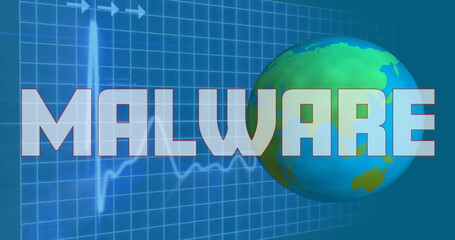 Image of malware text and data processing over globe