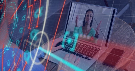 Image of scope scanning over caucasian woman using laptop for image call