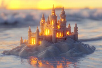 Sandcastle masterpiece glows at sunset on a beach with crashing waves