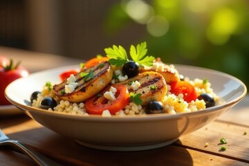 A Delicious Grilled Chicken and Couscous Salad with Tomatoes, Olives, and Feta Cheese, Perfect for a Sunny Outdoor Meal