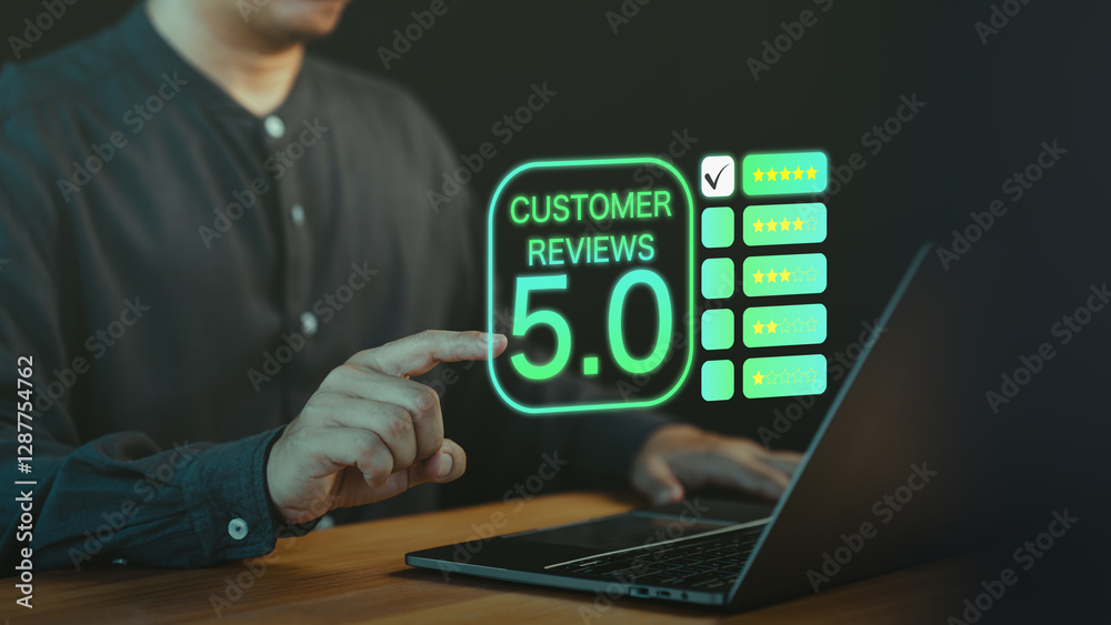 Poster male customer take a satisfaction survey using an online application to evaluate their service exper