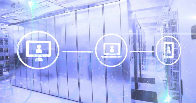 Image of media icons over server room