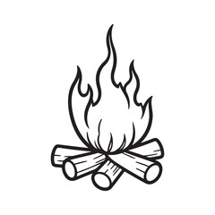 Campfire Icon. Vector Line Illustration of Burning Logs and Flames. Outdoor Camping Bonfire and Warmth Glow. Campsite Firewood Vecto