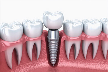 Dental implants displayed in a model of a human jaw demonstrating oral health and restoration procedures