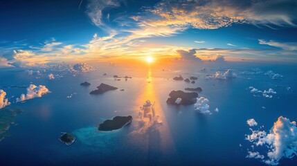 Aerial view of tropical islands in the ocean at sunset with vibrant colors and dramatic clouds creating a serene and peaceful atmosphere