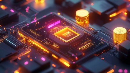 Isometric 3D visualization of modern smartphone, animated golden currency elements, glowing digital tokens, premium material textures, cinematic lighting, professional tech composition, glossy