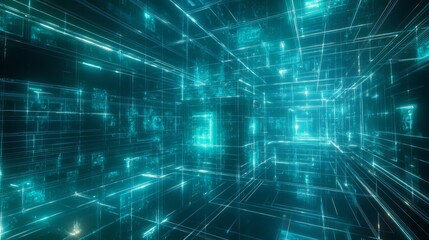 Obraz premium 3D geometric cube framework, iridescent turquoise gradient, neon light connections, deep space background, crystalline node points, volumetric lighting, digital network illustration