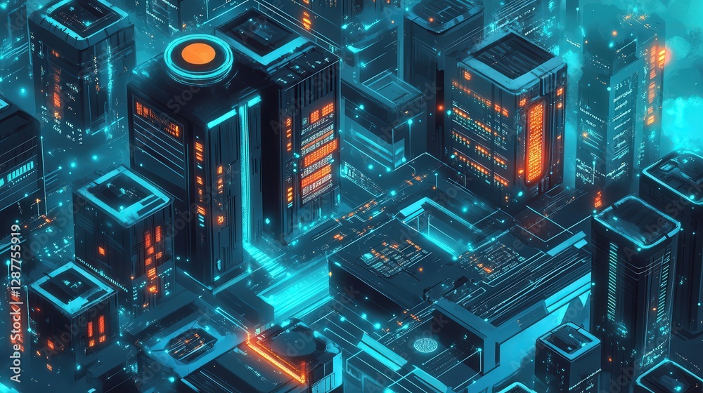 Poster futuristic ai-driven internet server farm with quantum encryption