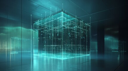 Network architecture cube visualization, translucent teal surfaces, illuminated connection lines, midnight blue environment, geometric node system, premium digital artwork, professional lighting