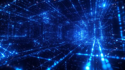 Obraz premium Floating holographic cube structure, connected vertex points, ethereal cyan glow, dimensional grid system, deep indigo backdrop, premium 3D rendering, professional tech art