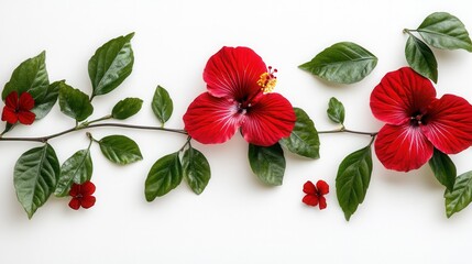 Obraz premium Vivid Red Hibiscus Blooms and Lush Green Foliage on Pristine White Background Botanical Beauty Floral Arrangement Artistic Composition