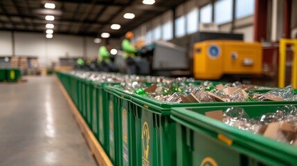 Recycling center, workers sorting plastics, containers, warehouse