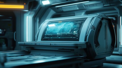 Obraz premium futuristic ultrasound scanner designed for use in remote locations. Describe how it offers high-resolution images with minimal equipment.