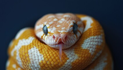 Obraz premium Close-up of an orange and white corn snake's head with its tongue slightly out, wrapped around its body.