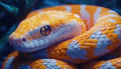 Fototapeta premium Close-up of an orange and white corn snake's head with its tongue slightly out, wrapped around its body.