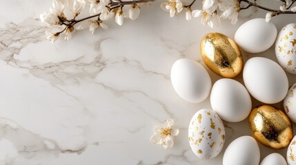 Obraz premium Elegant Easter Eggs with Blooming Flowers on Marble Surface
