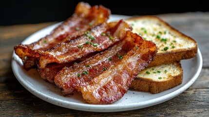Crispy bacon strips and toast on a plate.