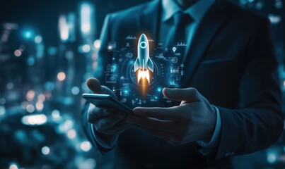 Conceptual image of a businessman holding a smartphone with a futuristic rocket hologram launching, symbolizing startup innovation and digital entrepreneurship.
