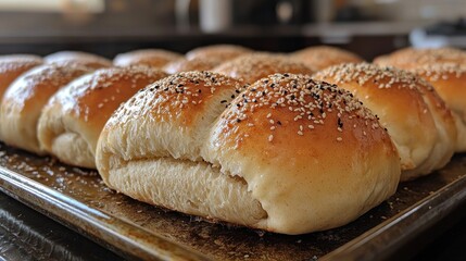 Freshly baked buns with sesame seeds on a tray for sandwiches or burgers