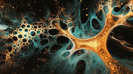 Dynamic neural connections in warm metallic hues, flowing energy streams forming abstract profile, scattered golden nodes, cyan particles, intricate weaving patterns, dark cosmic void, technological