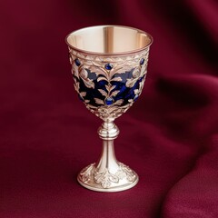 An ornate silver goblet with blue gemstones on a red background.