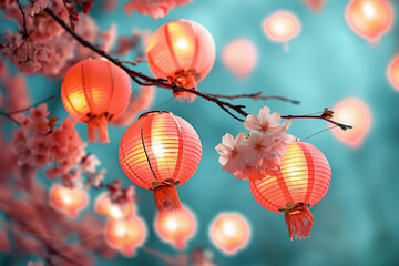 Beautiful holiday composition for happy celebrate chinese festival of lanterns, abstract vivid composition consists of fictional unreal fantastic vision on background