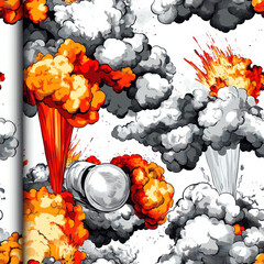Comic explosion dynamic orange plumes, gray smoke clouds, white background, graphic novel style illustration