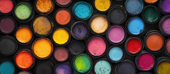 Colorful paint cans arranged in an array, each with different colors of ink inside, creating a vibrant and colorful background for product photography.