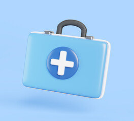 3d first aid kit, medicine cabinet for pharmacy. Cartoon render icon of closed blue medical chest box. Emergency, hospital or doctor bag. Isolated pills and drug storage container. 3D illustration