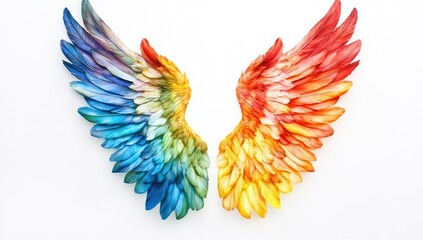 Obraz premium Colorful, rainbow-colored angel wings isolated on a white background, in a simple and minimalistic style