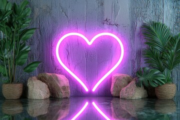 A neon heart sign surrounded by plants and rocks.