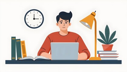 Illustration of a man studying with a laptop and books