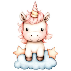 Smiling Pink Unicorn Sitting on a Cloud with Stars