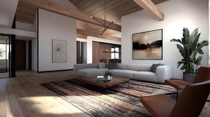 Warm and inviting modern farmhouse living area featuring distressed wood ceiling beams a color rich area rug