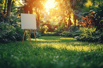 Easel sits ready for an artist in lush tropical garden at sunset with lens flare