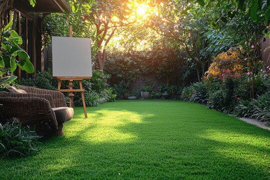 Easel with blank canvas in a garden bathed in sunset light for creativity