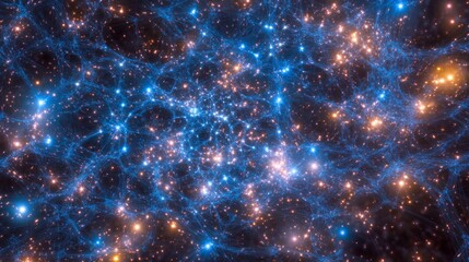 Fototapeta premium Luminous blue data streams weaving through infinite space, interconnected light paths with bright highlights, dynamic flowing lines suggesting speed, transparent layered effects, deep cosmic