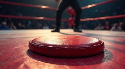 Obraz premium Close-up view of a worn red padded surface in an arena setting with a blurred figure of a competitor standing in the background