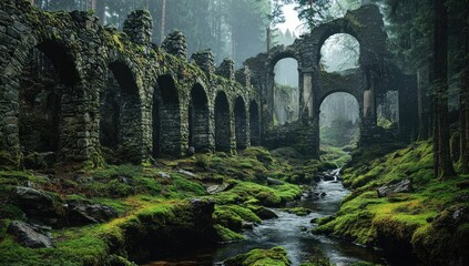 Naklejka premium Concept art of an ancient ruin in the jungle, overgrown with moss and vines.