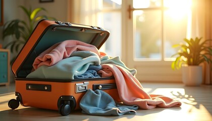 Open suitcase with clothes in cozy sunlit room