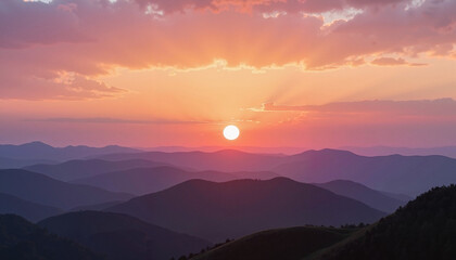 Fototapeta premium A serene sunrise illuminates the misty mountains, symbolizing the balance of day and night, renewal, and the transition into spring during the Spring Equinox.