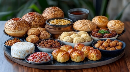Assorted Dim Sum Dishes On A Wooden Table